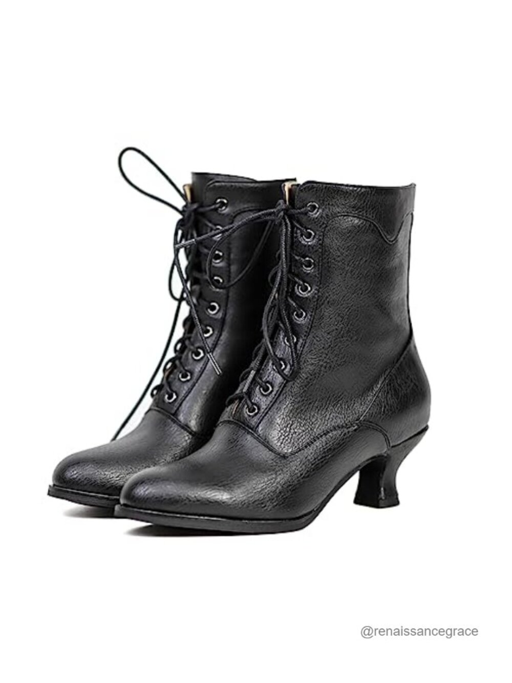 Victorian Lace Up Ankle Boots Mid Calf Round Toe Chunky Heel
